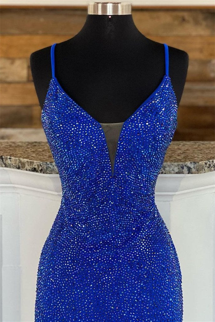 Royal Blue V Neck Mermaid Evening Dress With Appliques Split