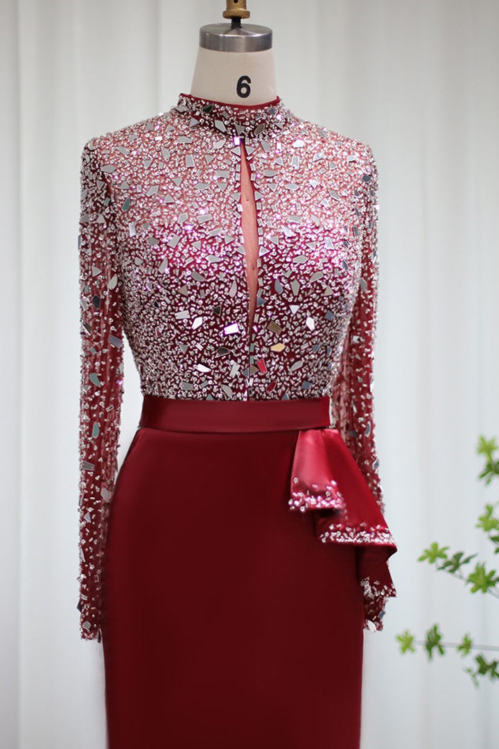 Glamorous Red Jewel Neck Mermaid Prom Dress with Sparkle Sequins and Long Sleeves