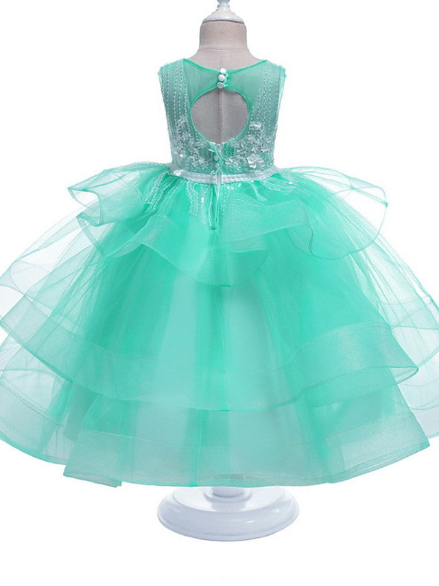 Princess Sleeveless Jewel Neck Flower Girl Dress - Polyester with Bow Embroidery