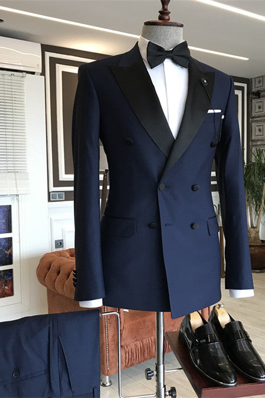 Gentle Dark Navy Prom Suits for Guys with Double Breasted Peaked Lapel