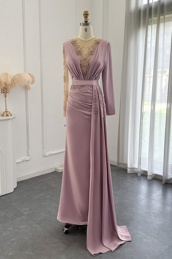 Stunning V Neck Mermaid Evening Dress with Long Sleeves and Appliques