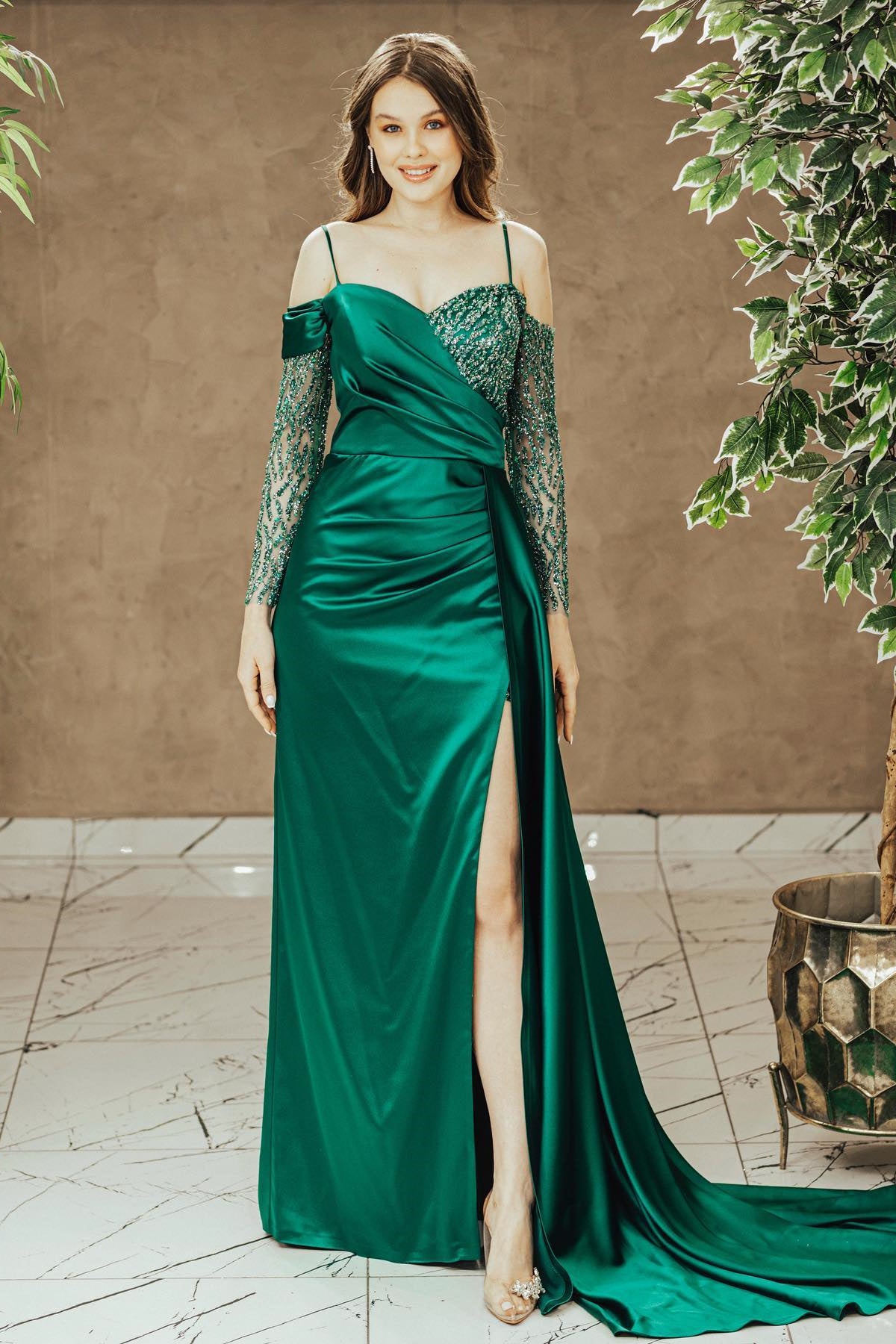 Emerald Sequins Prom Dress with Slit Pleated Off-The-Shoulder Spaghetti-Strap