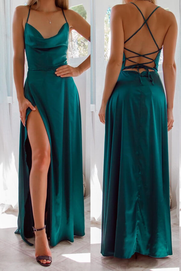 Dark Green Strapless Evening Dress with Spaghetti-Straps & Front Split Online