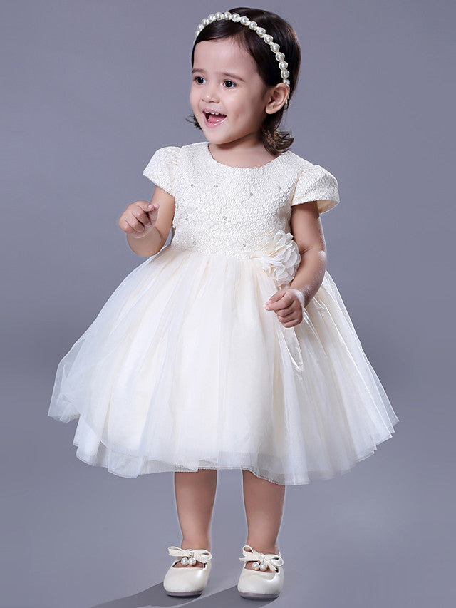 Short Sleeve Beading and Lace Flower Girl Dress with Belt