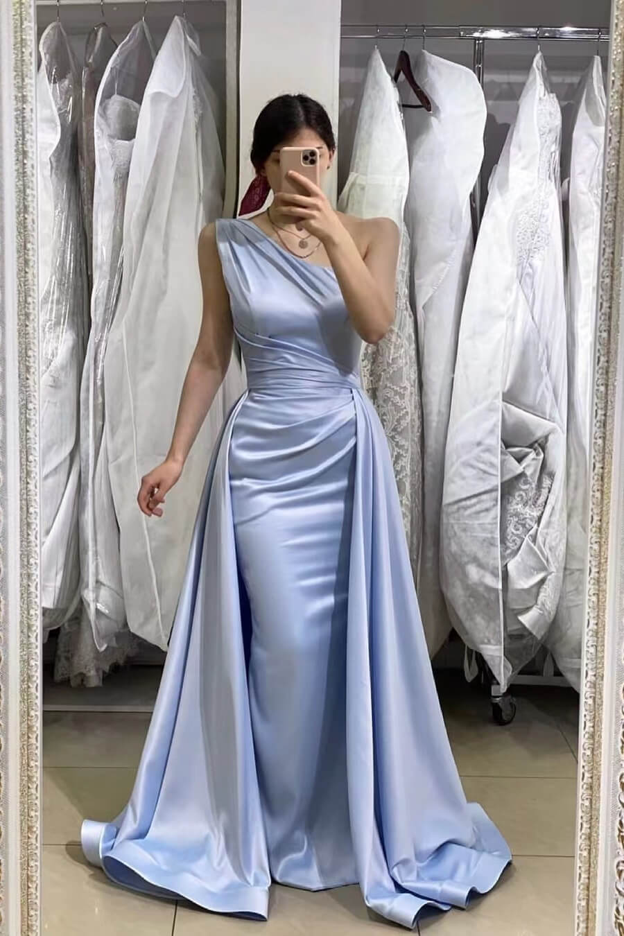 Light Blue Mermaid One-Shoulder Long Prom Dress With Detachable Skirt