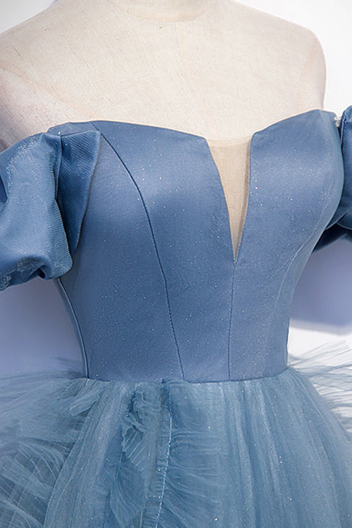 Gorgeous Dusty Blue Off-The-Shoulder Long Prom Dress Tulle With V-Neck