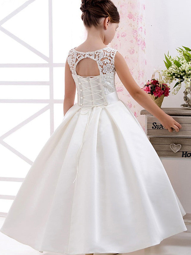 A-Line Short Sleeve Lace Satin Jewel Neck Flower Girl Dress with Pleats and Solid Design