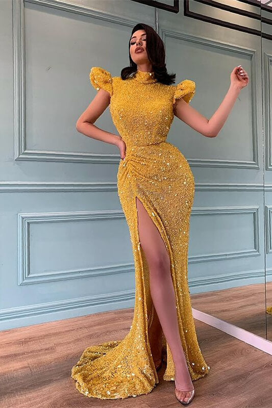 High Neck Beaded Yellow Mermaid Prom Dress with Split