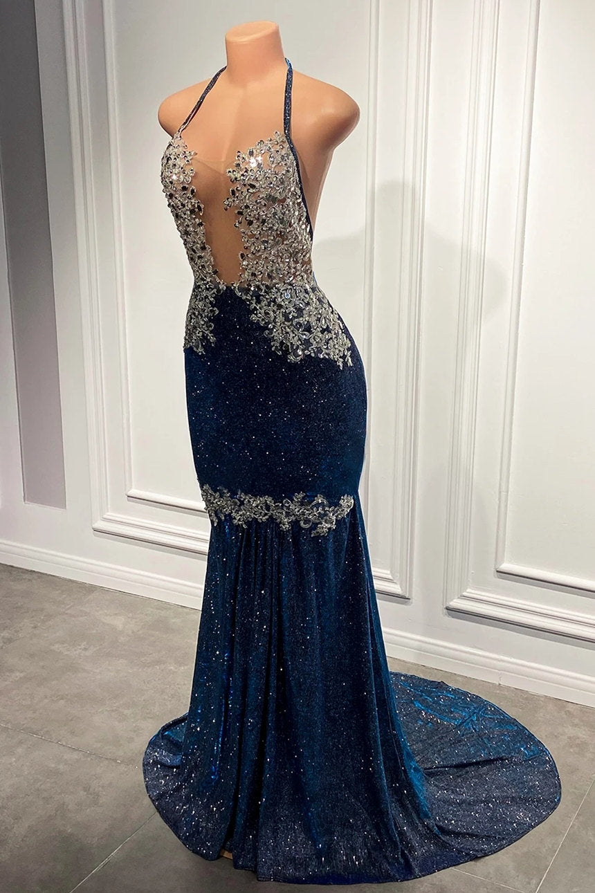 Mermaid Long Prom Dress with Blue Sequins and Spaghetti-Straps