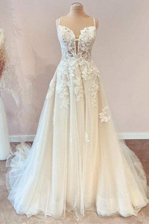 A-line Spaghetti-Straps Tulle Wedding Dress With Appliques Lace for Modest Brides