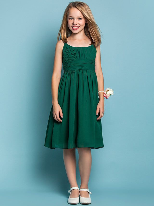 Elegant Knee-Length Chiffon Flower Girl Dress with Sheath Column Straps and Ruched Draping