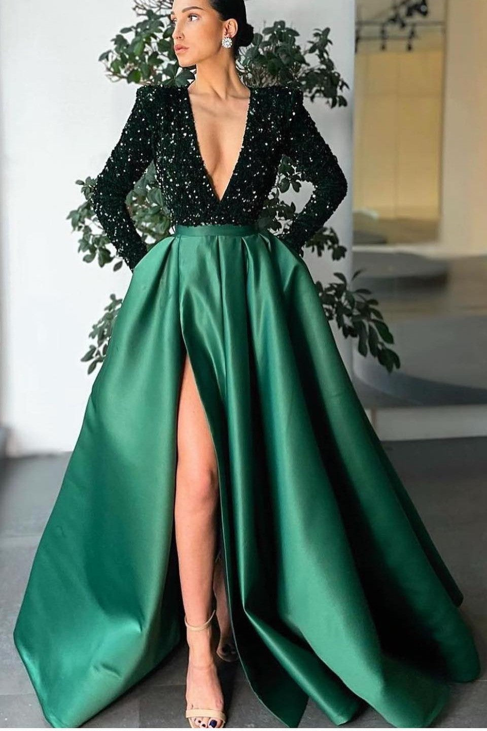 Deep V-Neck Long Sleeves Mermaid Prom Dress with Sequins Split