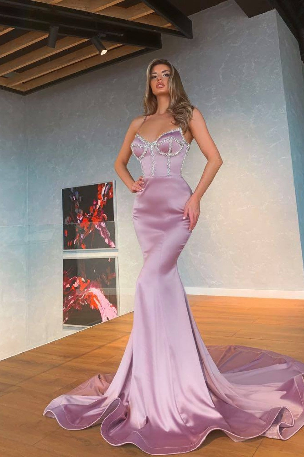 Light Purple Mermaid Spaghetti-Straps Prom Dress With Sequins