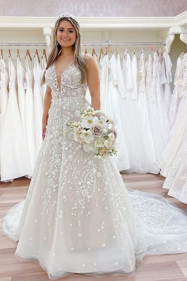 Long A Line Wedding Dress with Sheer Straps and 3D Floral