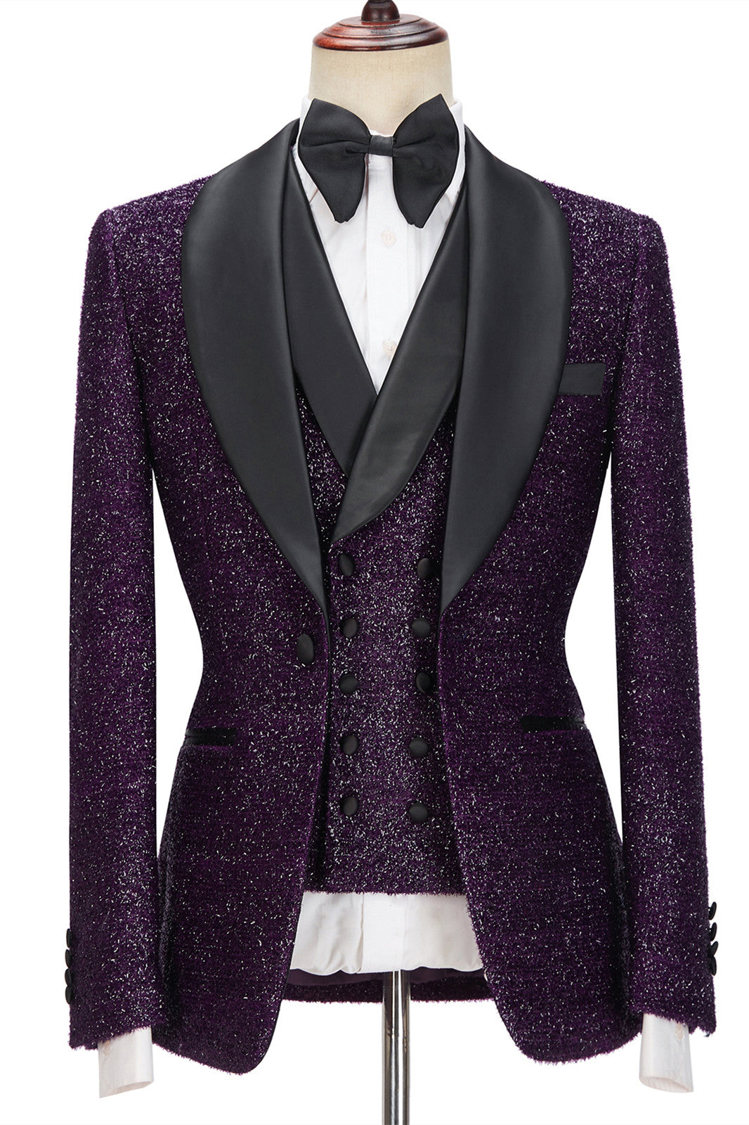 Caleb 3-Pieces Men Suits - Dark Purple Sparkle Shawl Lapel