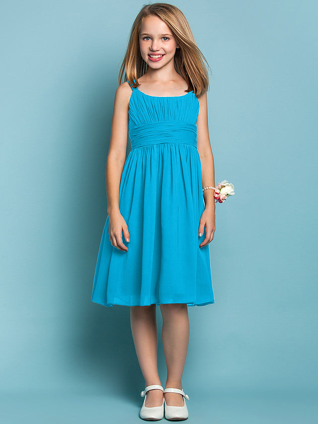 Elegant Knee-Length Chiffon Flower Girl Dress with Sheath Column Straps and Ruched Draping