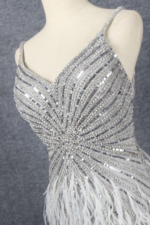 Luxury Sliver Mermaid Spaghetti Strap Prom Dress with Split Sleeveless and Feathers Beading