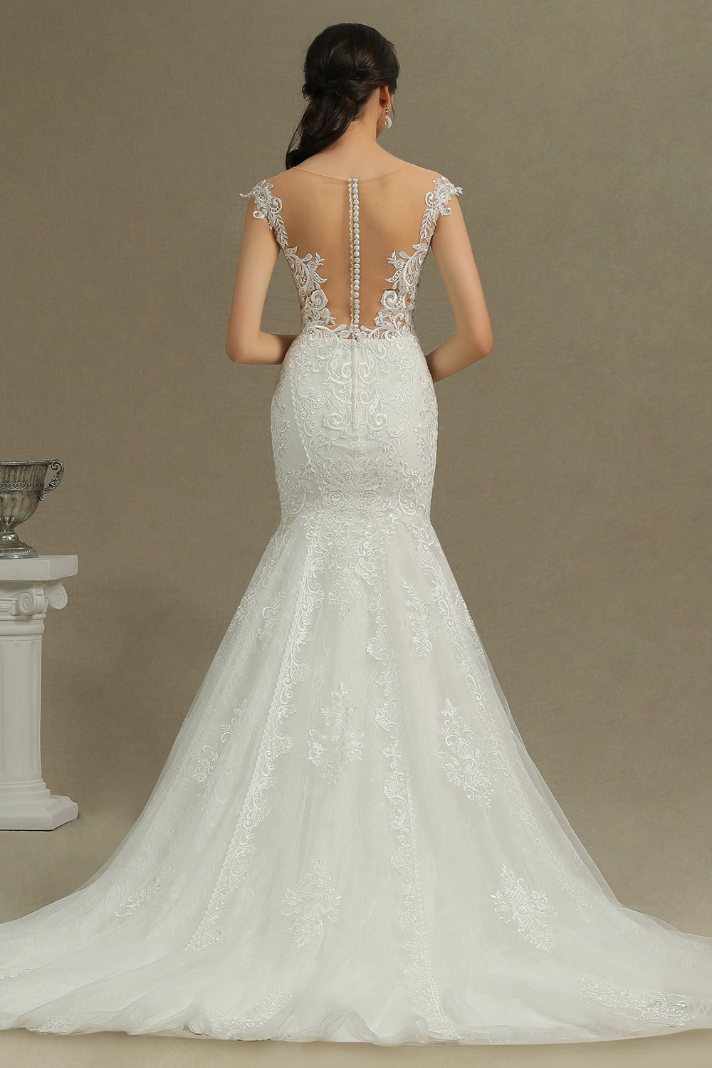 Mermaid Cap Sleeve Sheer Wedding Dress with Tulle Appliques