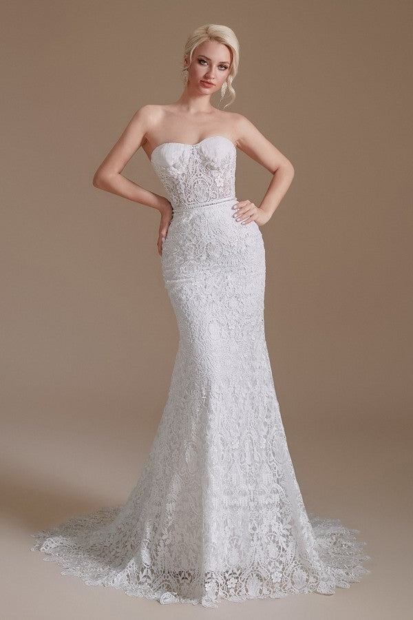 Long Mermaid Wedding Dresses With Detachable Sleeves - Beautiful Sweetheart Lace