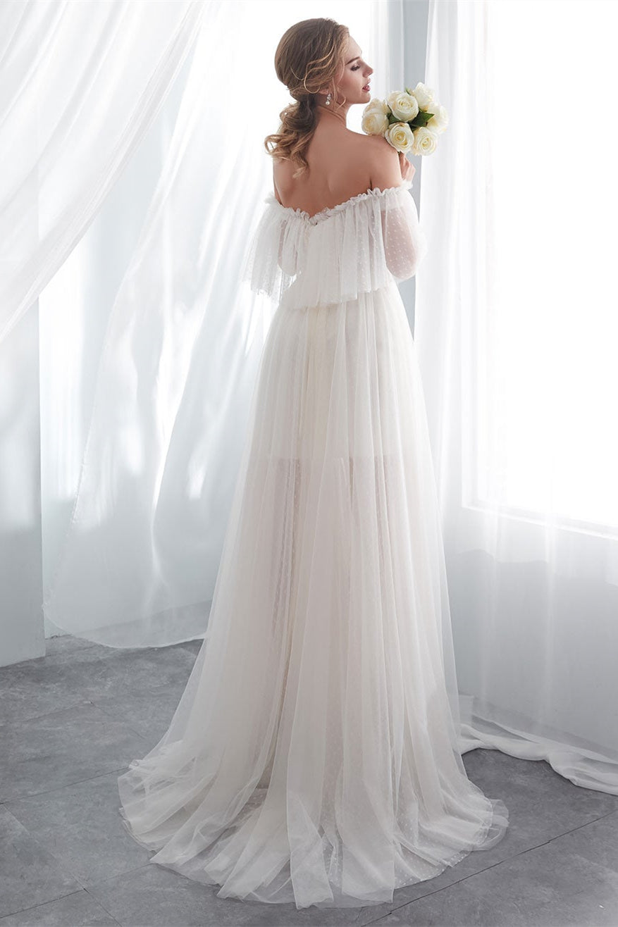 Beach Tulle Wedding Dress with Off-the-Shoulder Style