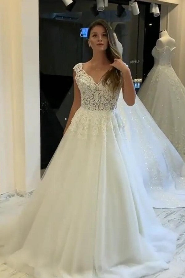 Elegant V-Neck Wide Straps Pearl Tulle A-Line Wedding Dress with Appliques Lace