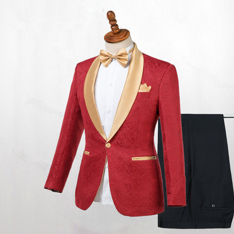 Gentle Red Shawl Lapel Jacquard Men's Wedding Suit with One Button