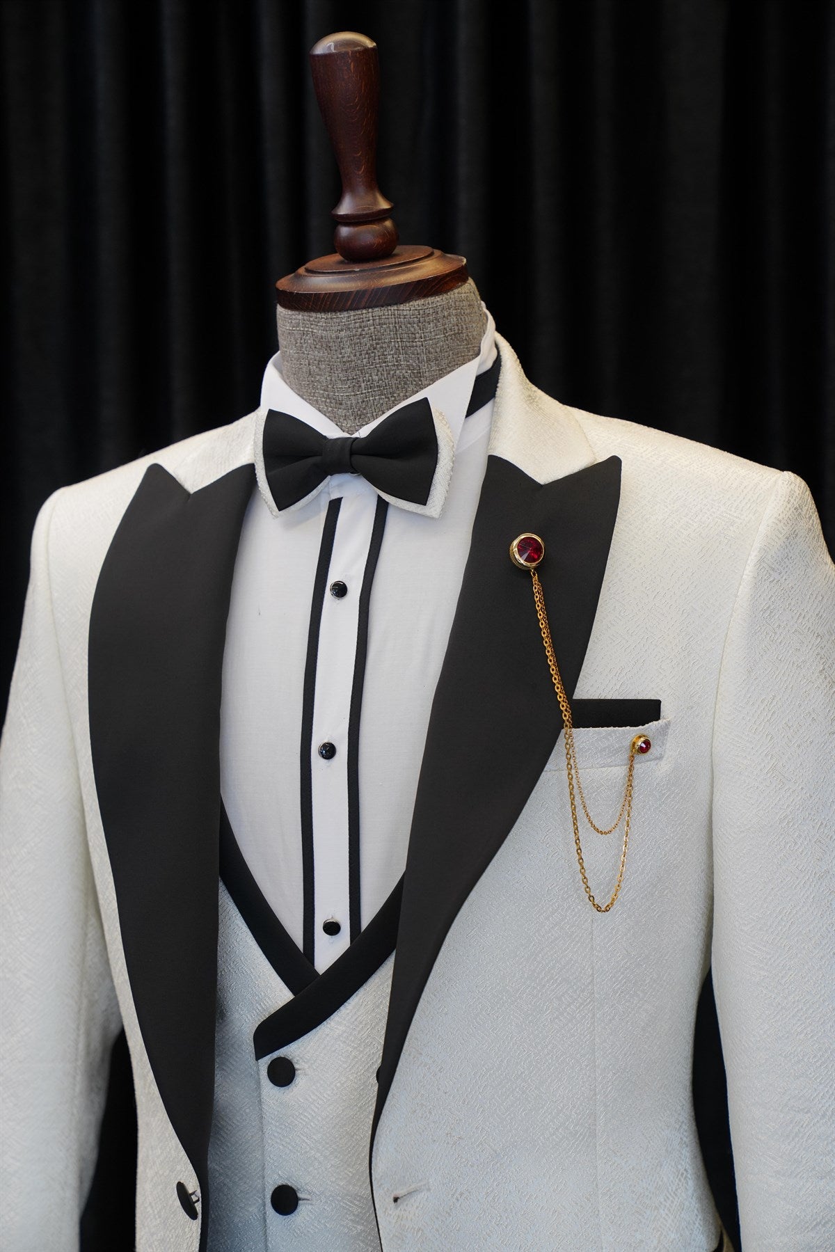 White Three Pieces Wedding Men Suits with Black Peaked Lapel by Antony Fashion