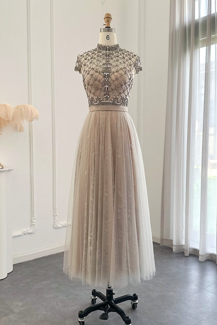 Chic A-Line Prom Dress with Champagne Jewel Neck and Tulle Diamond-Studded Detail