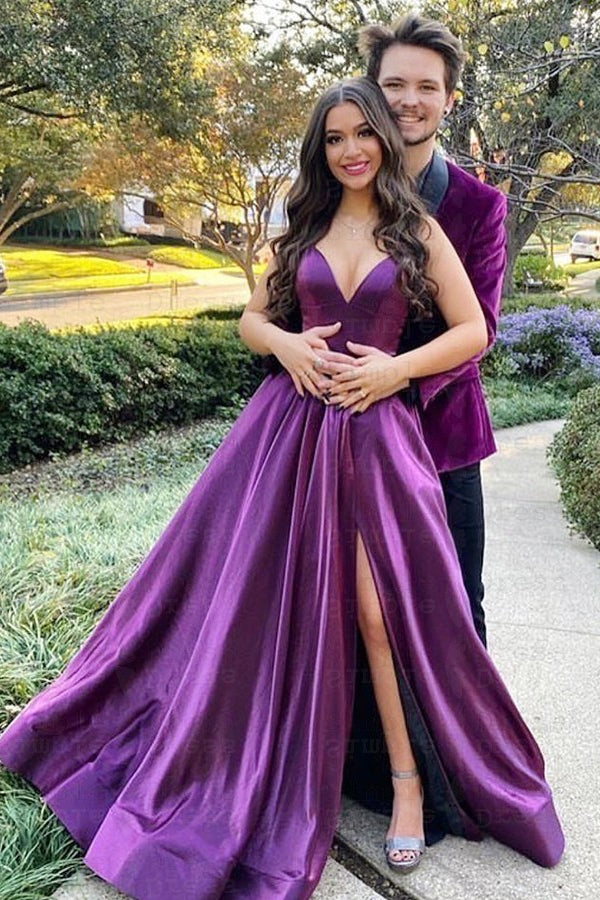 Purple V-Neck Prom Dress with Spaghetti-Straps