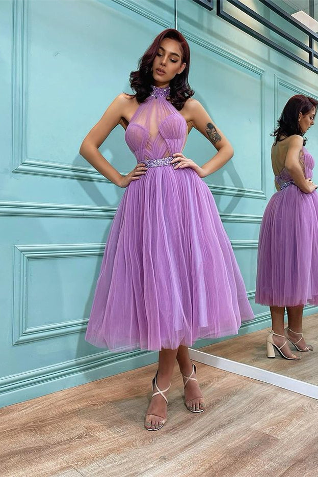 Lavender High Neck Short Prom Dress with Tulle