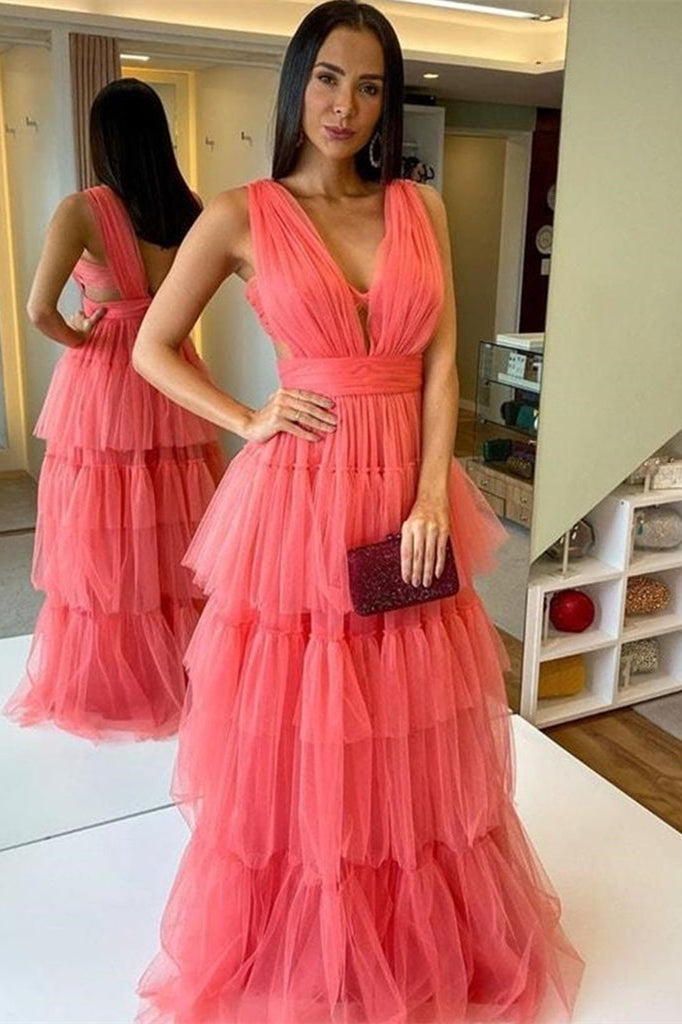 Elegant Watermelon Long Tulle Prom Dress
