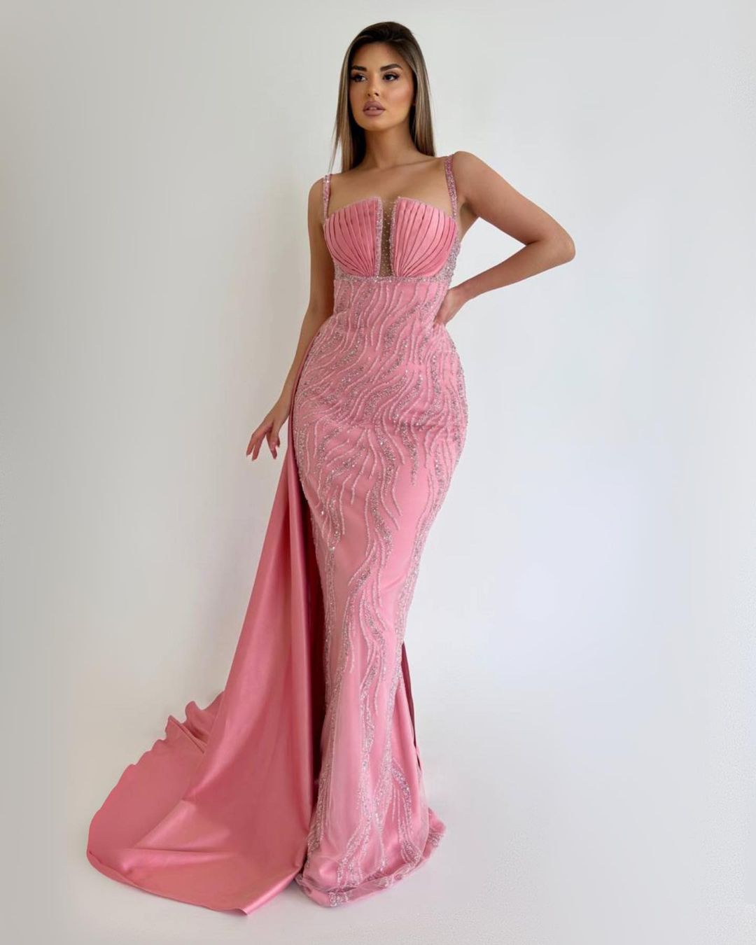 Pink Sequin Beaded Mermaid Prom Dress with Ruffle and Spaghetti Straps