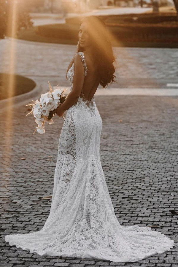 Glamorous V-neck Wedding Dress with Wide Straps, Open Back, Mermaid Silhouette and Appliques Lace