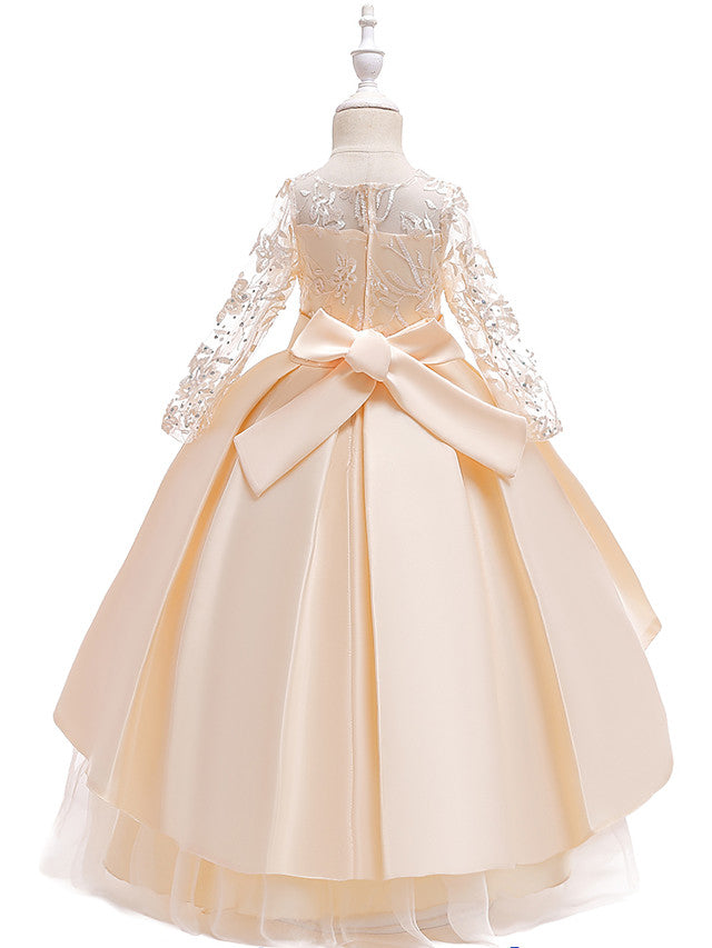 Gorgeous Long Sleeve Jewel Neck Flower Girl Dress with Tulle Satin Crystals and Lace Belt