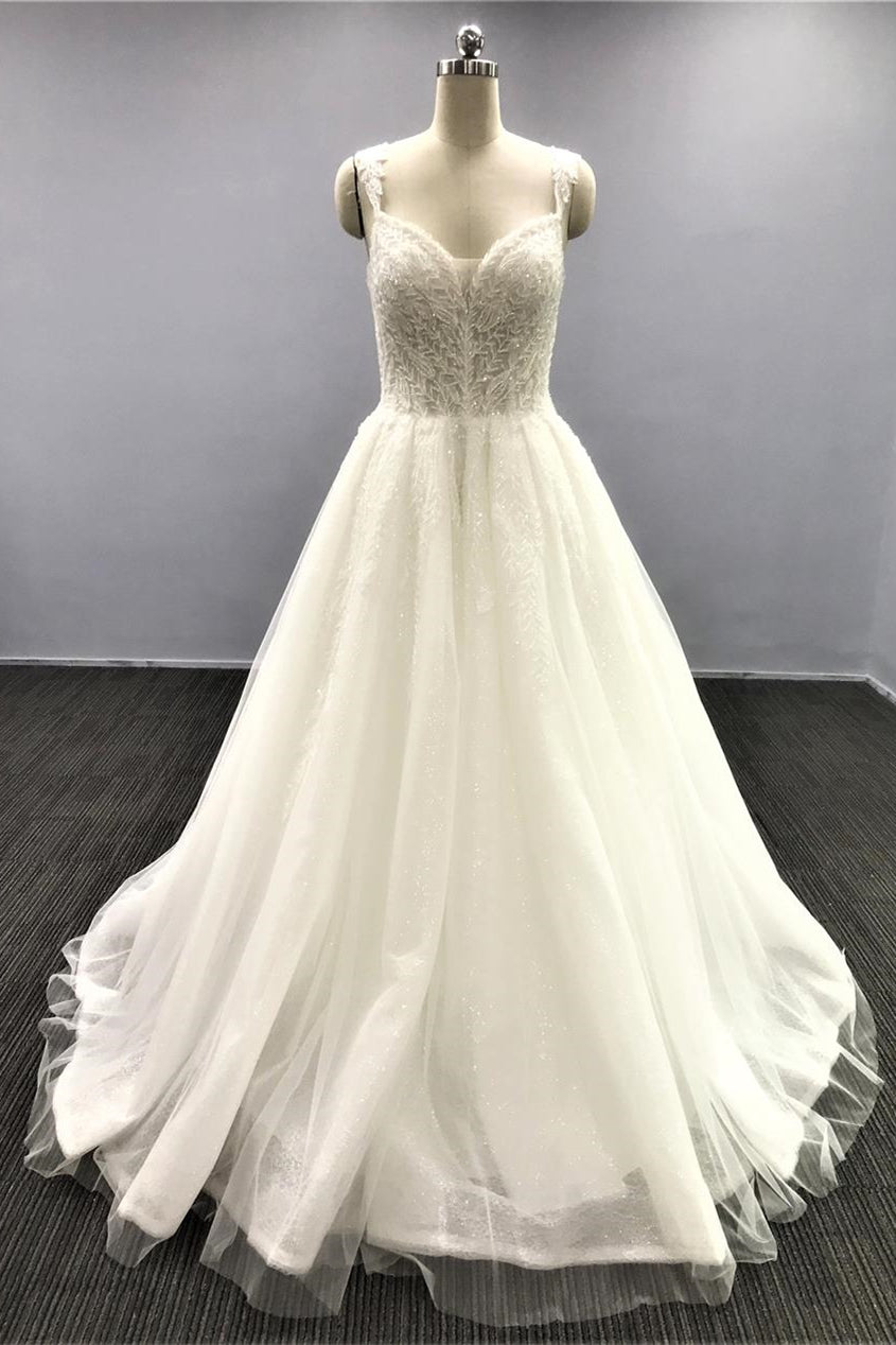 White A-Line Tulle Wedding Dress with Sequins and Spaghetti Straps Open Back