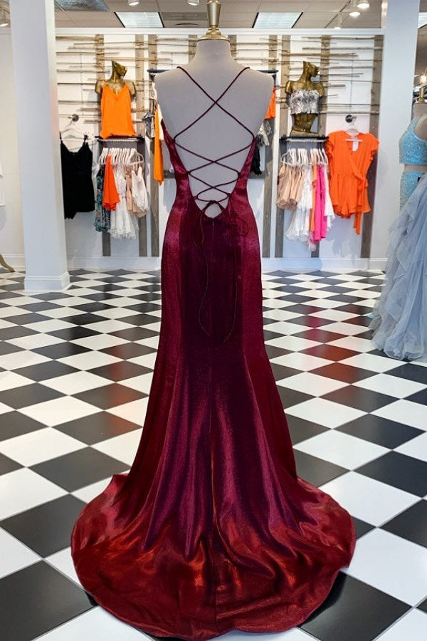 Burgundy Strapless Mermaid Evening Dress with Simple Split