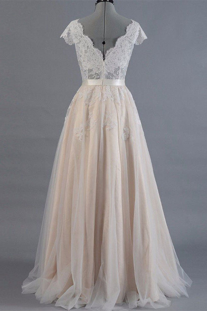 Lace Long Wedding Dress with Short Sleeves