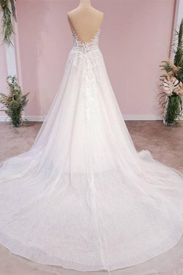 A-Line Lace Tulle Backless Wedding Dress With Sweetheart Appliques