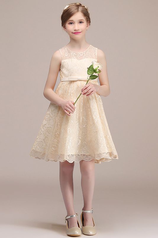 Jewel Sleeveless Illusion Neck Flower Girl Dress with Tulle Lace