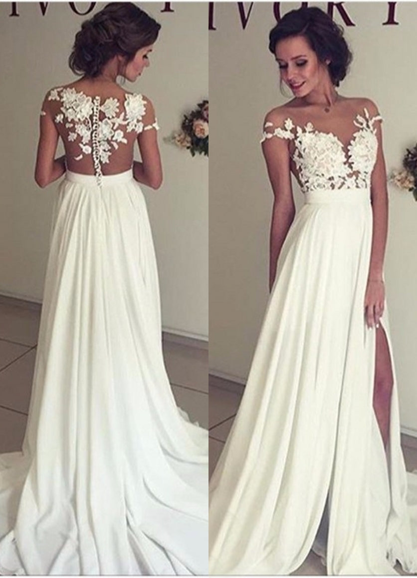 Elegant A-Line Chiffon Lace Wedding Dress With Side Slit Appliques and Ruffles