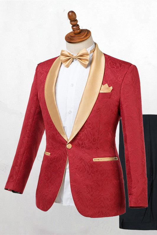 Gentle Red Shawl Lapel Jacquard Men's Wedding Suit with One Button