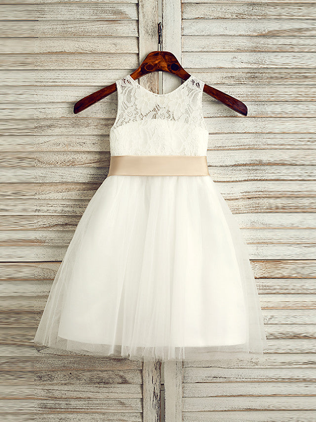 Stunning Lace Tulle Satin Chiffon Sleeveless Jewel Neck Tea Length Flower Girl Dress With Belt