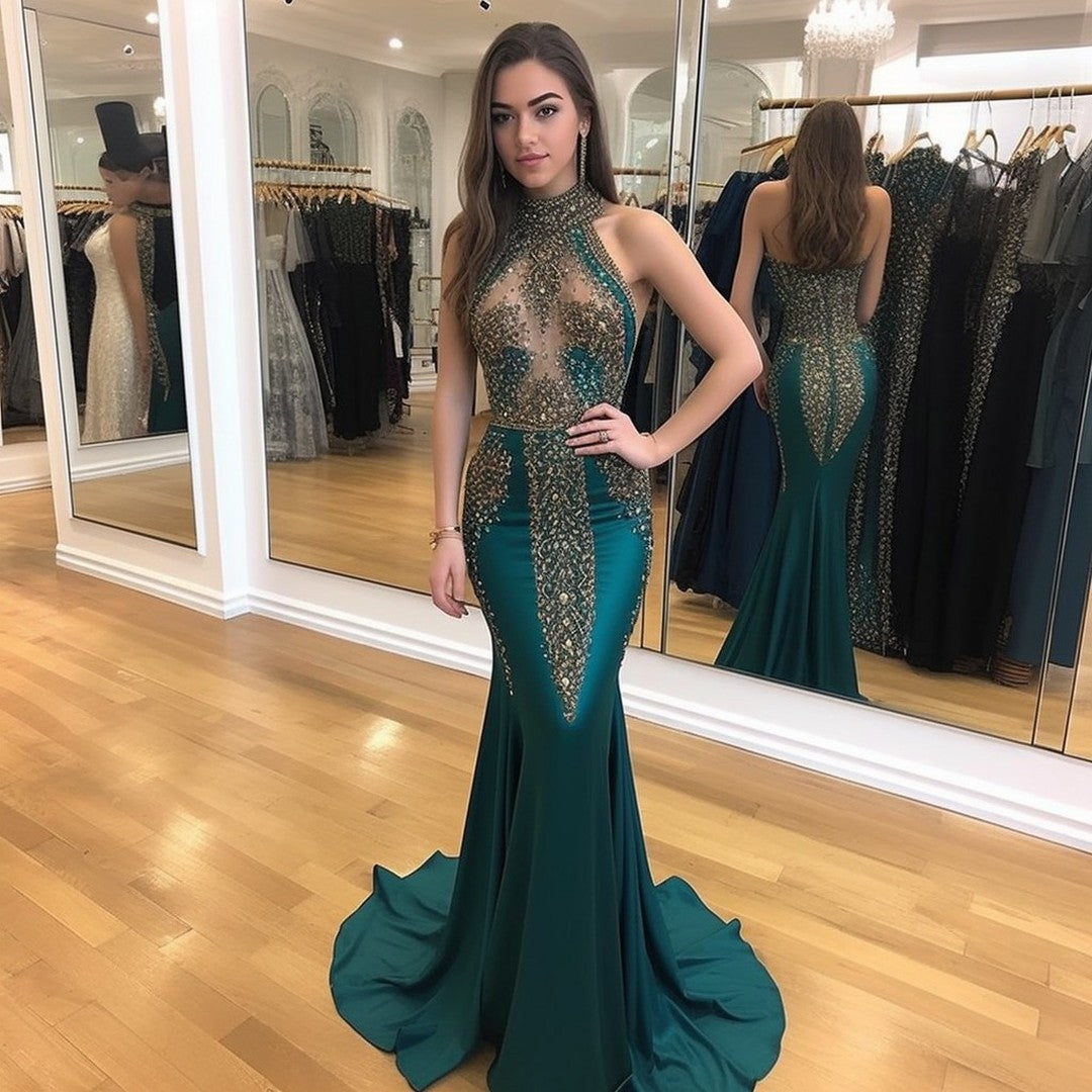 Dark Green Halter Mermaid Prom Dress with Beaded Sequins