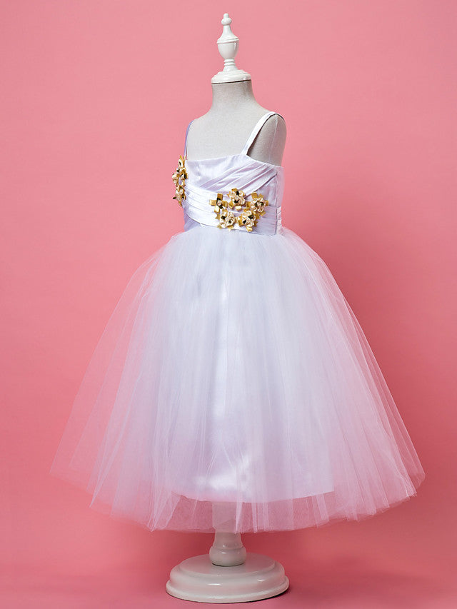 A-Line Tea Length Sleeveless Spaghetti Strap Flower Girl Dress Tulle Satin With Criss Cross