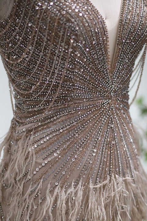 Sexy V Neck Mermaid Evening Dress With Diamond Feathers