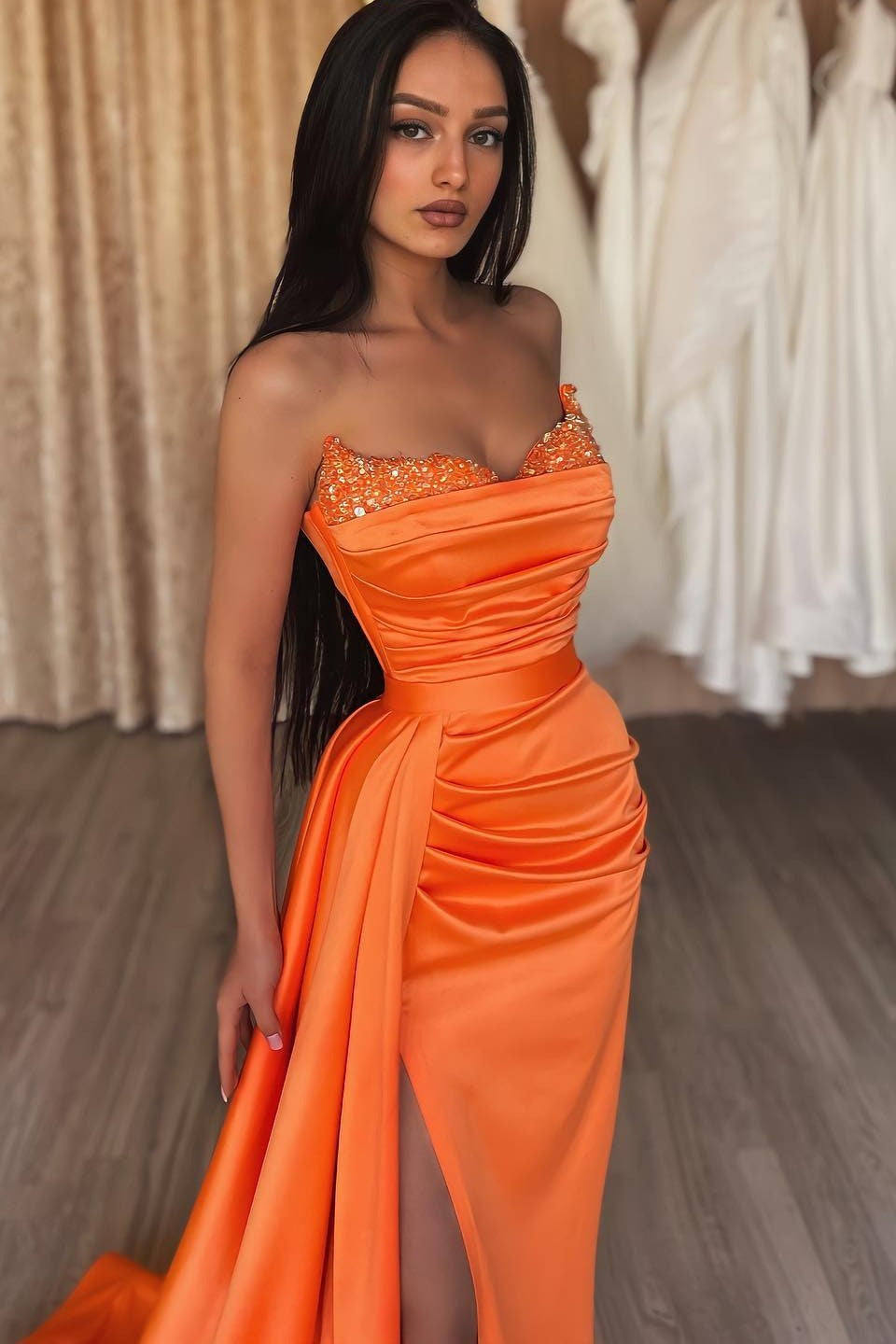 Orange Strapless Split Long Mermaid Prom Dress with Ruffles