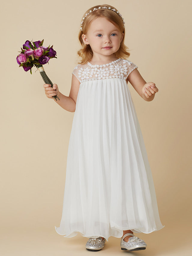 Short Sleeve Jewel Neck Flower Girl Dresses with Chiffon Beading and Draping