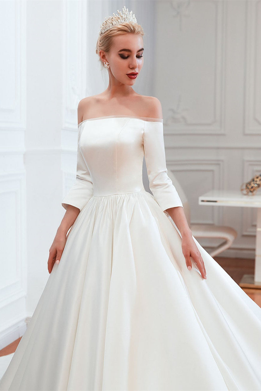 Half-Sleeves Satin Off-the-Shoulder Wedding Dress