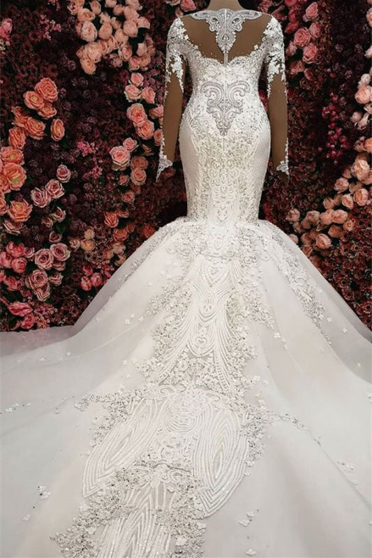 Sweetheart Long Sleeves Elegant Lace Appliques Mermaid Wedding Dress with Beadings