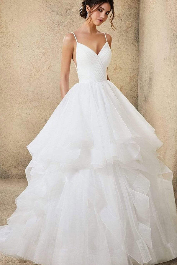 V-Neck Wedding Dress with Ruffles Tulle & Spaghetti Straps